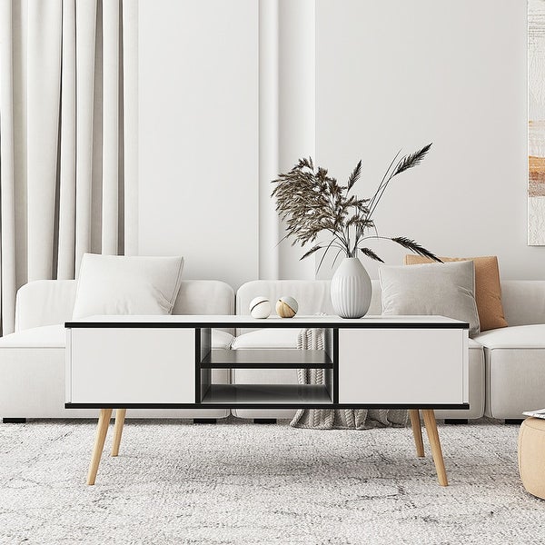 Modern Coffee Table with Drawers and Wooden Legs， Side Table Cocktain Table for Living Room