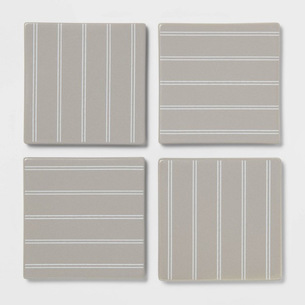 4pk Stoneware Striped Coasters Gray