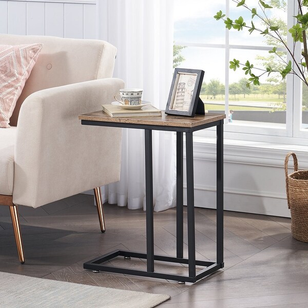 Modern Snack Table C-shaped Side End Table Set of 2，Brown/Black/Grey Sofa Table