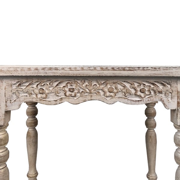 Wooden Side Table with Carved Rectangular Top and Turned Legs， Antique White