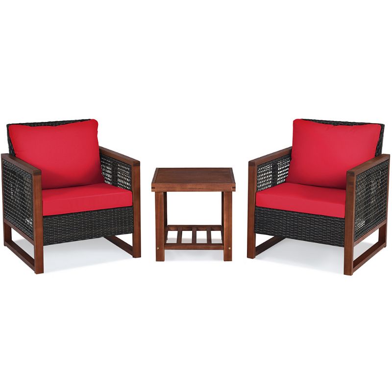 3 Pieces Patio Wicker Furniture Set with Washable Cushion and Acacia Wood Coffee Table