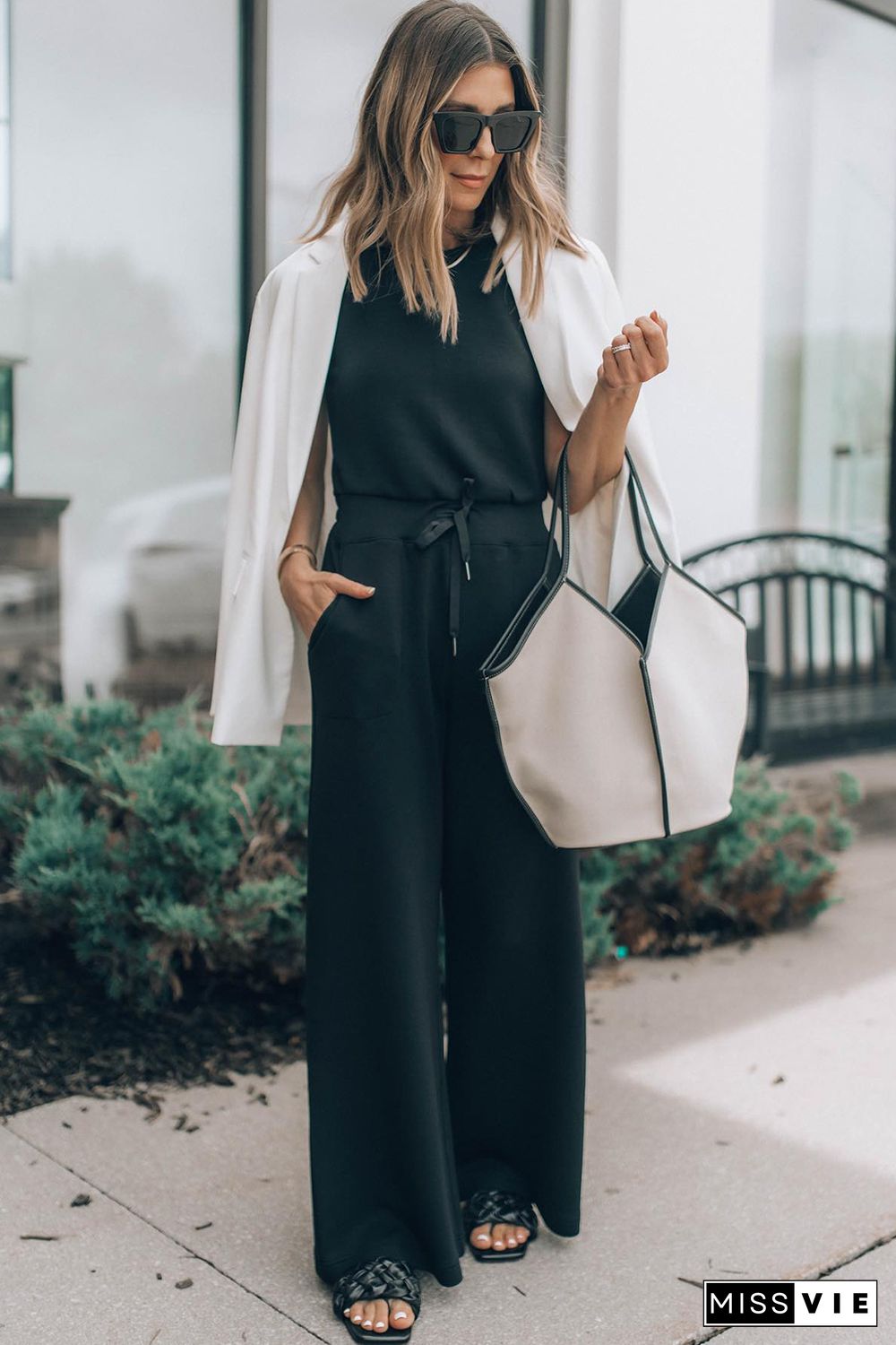 Black Solid Sleeveless Wide Leg Jumpsuit