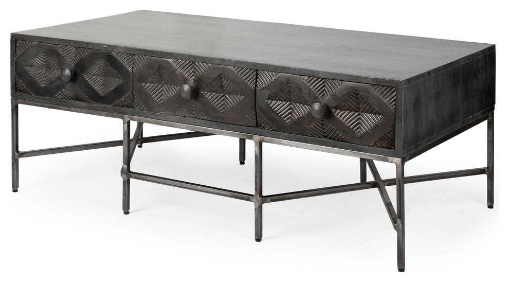 Hogarth Dark Brown Solid Wood w/Dark Gray Metal Base Rectangular Coffee Table   Industrial   Coffee Tables   by Mercana  Houzz