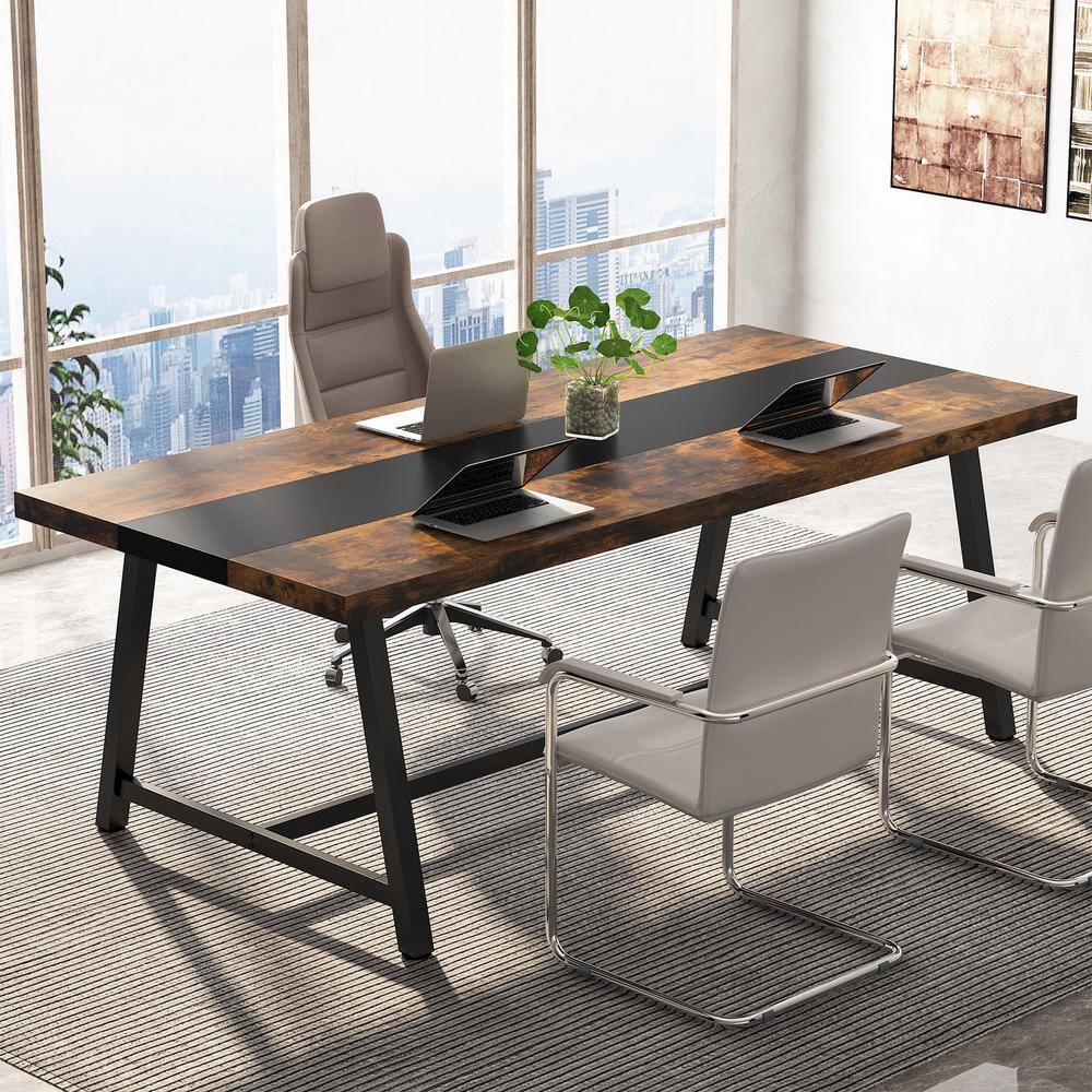 Tribesigns Cassey 70.9 in. Rectangle Conference Table 6 ft. Meeting Table Rustic Brown With Black Wood Computer Desk CT-F1596