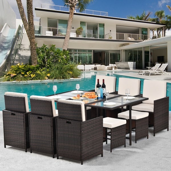 11 Piece Cushioned PE Rattan Wicker Dining Set - Overstock - 35733779