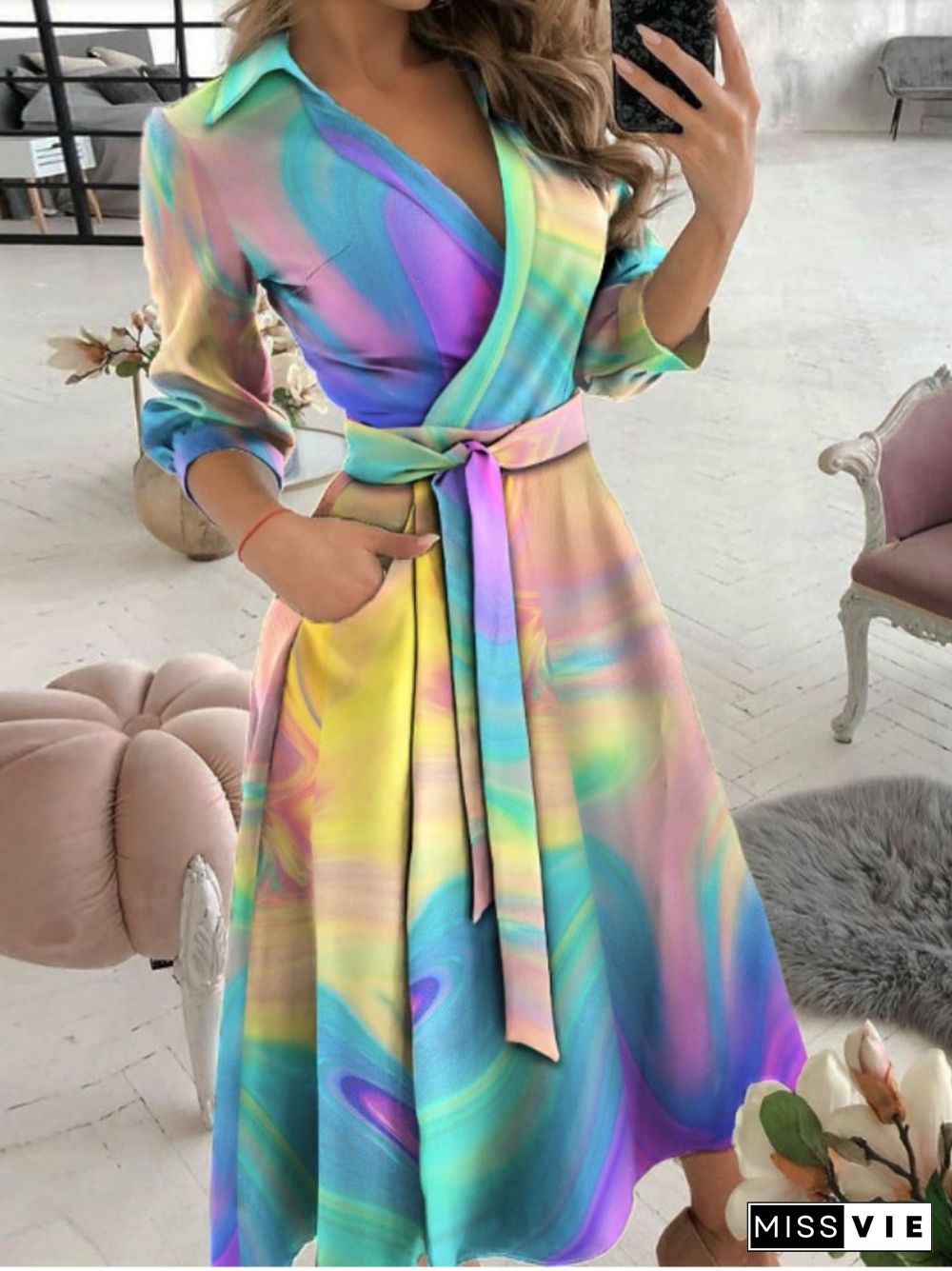 New Spring And Summer Fashion Long Sleeve V-neck Printed Dress Lace Up Tie Dyed Dress Sashes Office Lady Dresses For Women