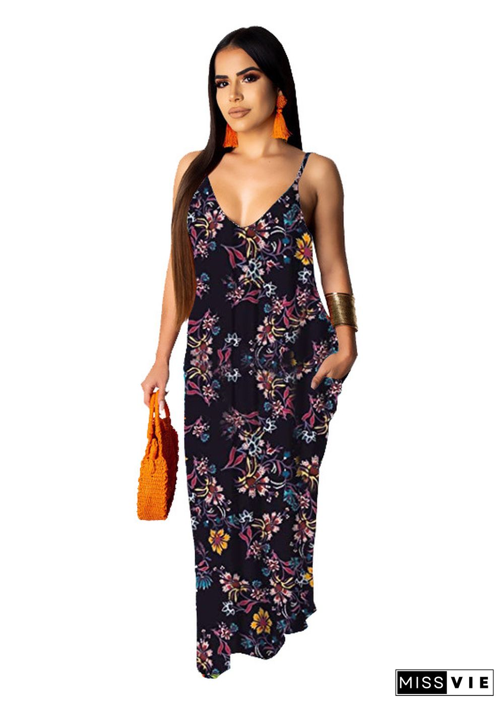 Hot Style Women's Summer Boho Floral Print Sleeveless V Neck Loose Long Maxi Party Beach Dress