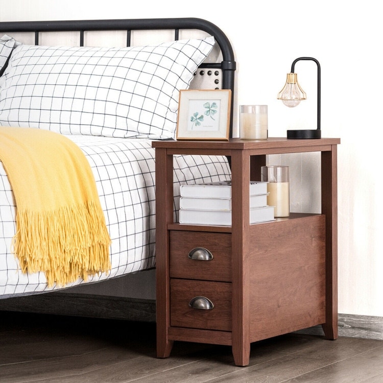 End Table Wooden with 2 Drawers and Shelf Bedside Table Espresso   23.5\