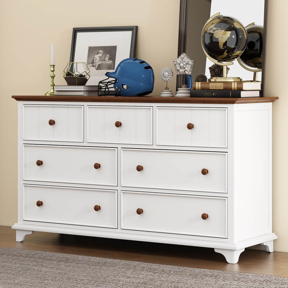 61inch Wooden 7 Drawer Dresser for Bedroom Living Room White+Walnut