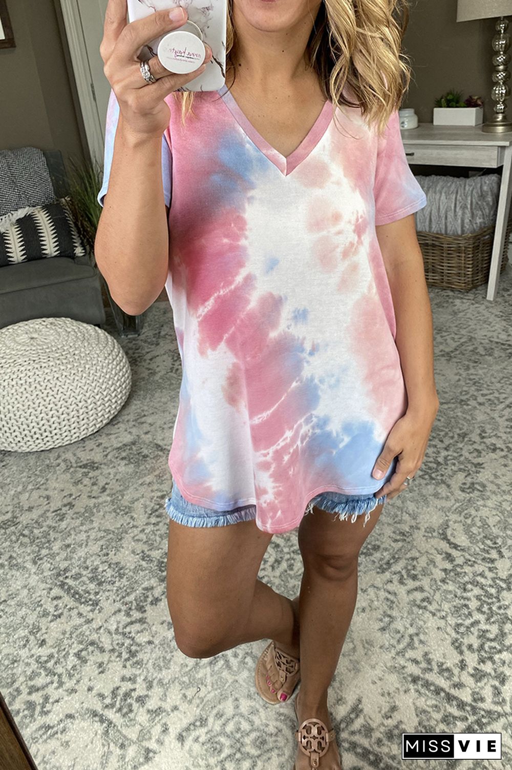 Summer Tie Dye Printed V-neck Short Sleeve T-shirt