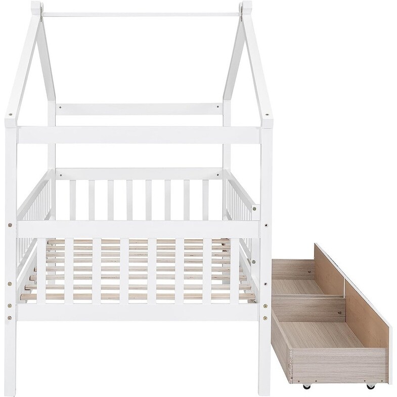 Twin House Bed with 2 Storage Drawers Rails and Roof for Kids