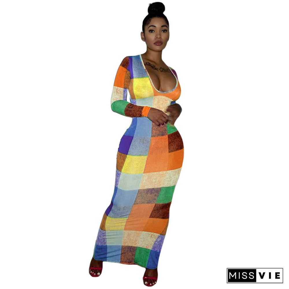 Colorful Plaid Printed Long Sleeve Bodycon Dresses