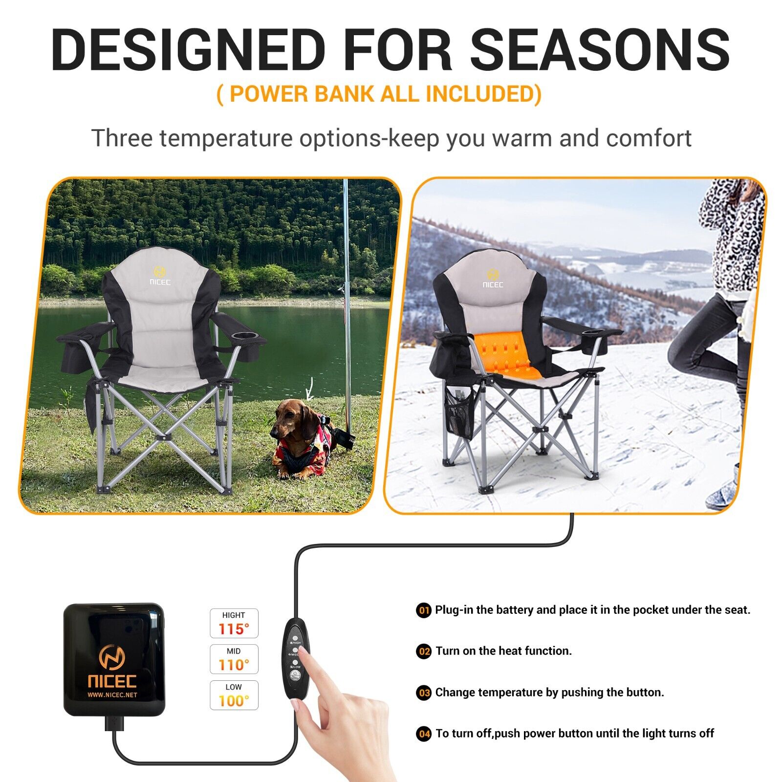 Nice C Heated Camping Chair， Heated Chair， Beach Chair， Folding Chair， Extra WideandThick Padding， Heavy Duty with Cooler， Armrest， Carry Bag， Cupholder and Side Pockets (Set of 1)