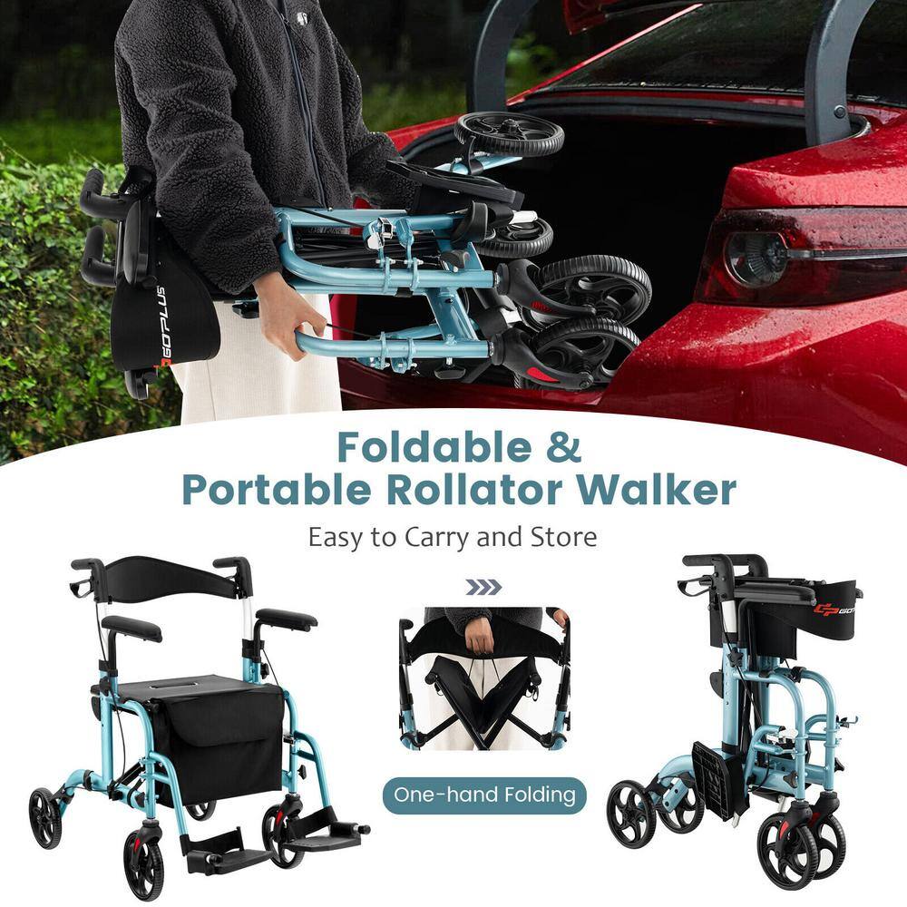 Costway 4-Wheel Folding Rollator Walker with Seat and 8 in. Wheels Supports up to 300 lbs. in Navy JH10001NY