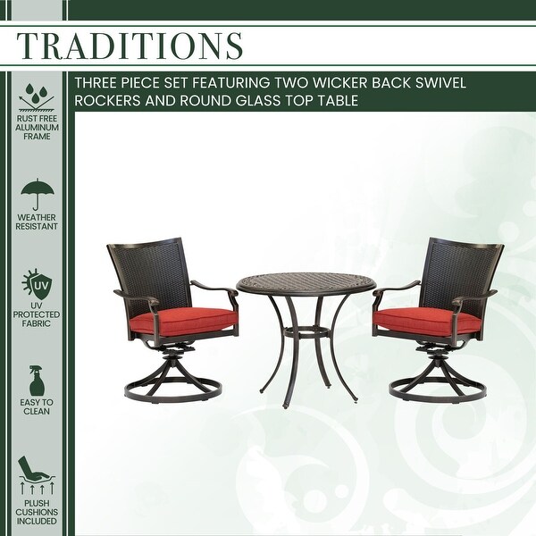 Hanover Traditions 3Piece Dining Set with 2 Wicker Back Swivel Rockers and 30 in. Round GlassTop Table