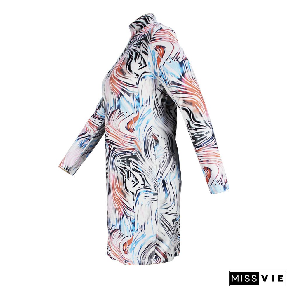 Abstract print Long Sleeve O Neck Pencil Dress