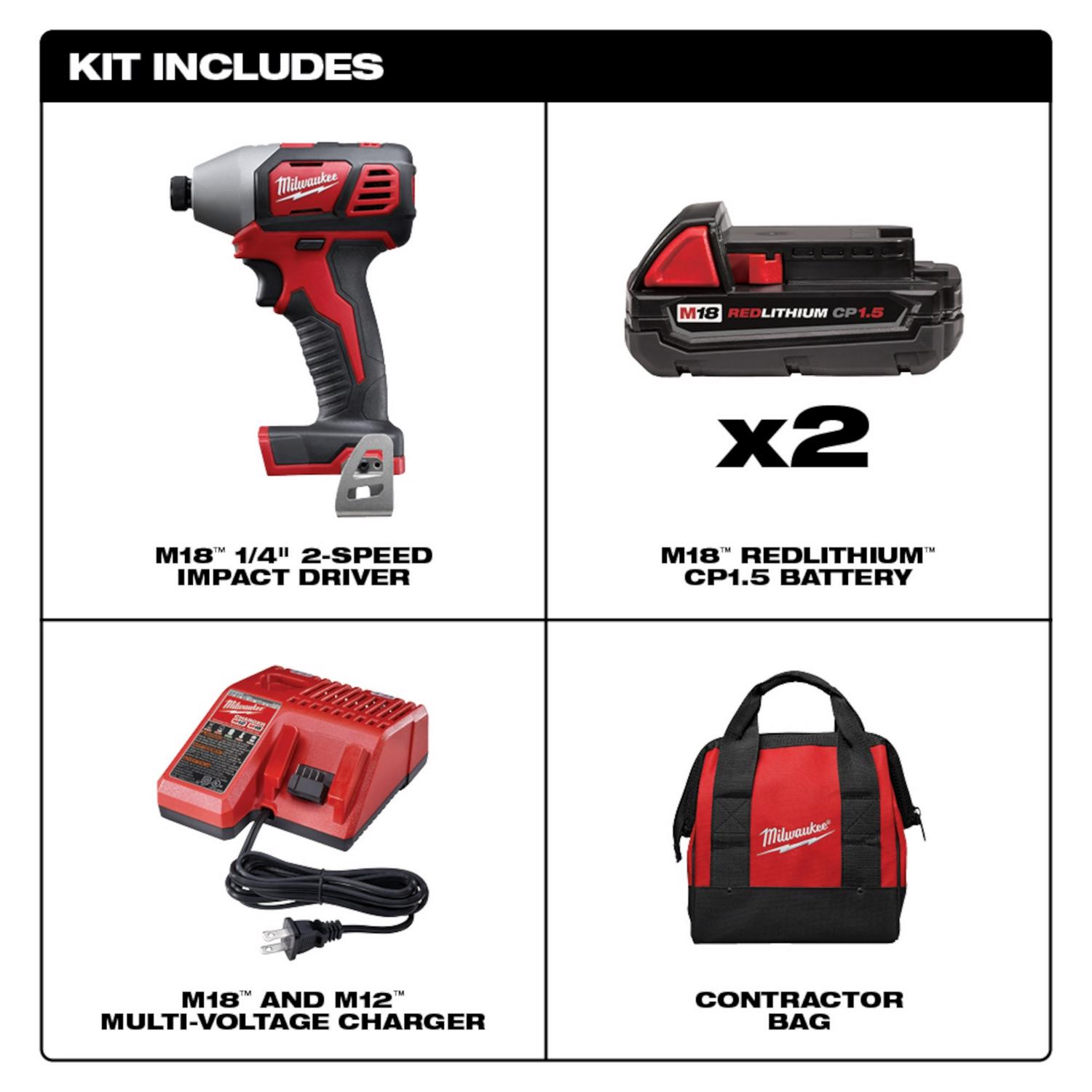 MW M18 18 V 1/4 in. Cordless Brushed Impact Driver Kit (Battery \u0026 Charger)