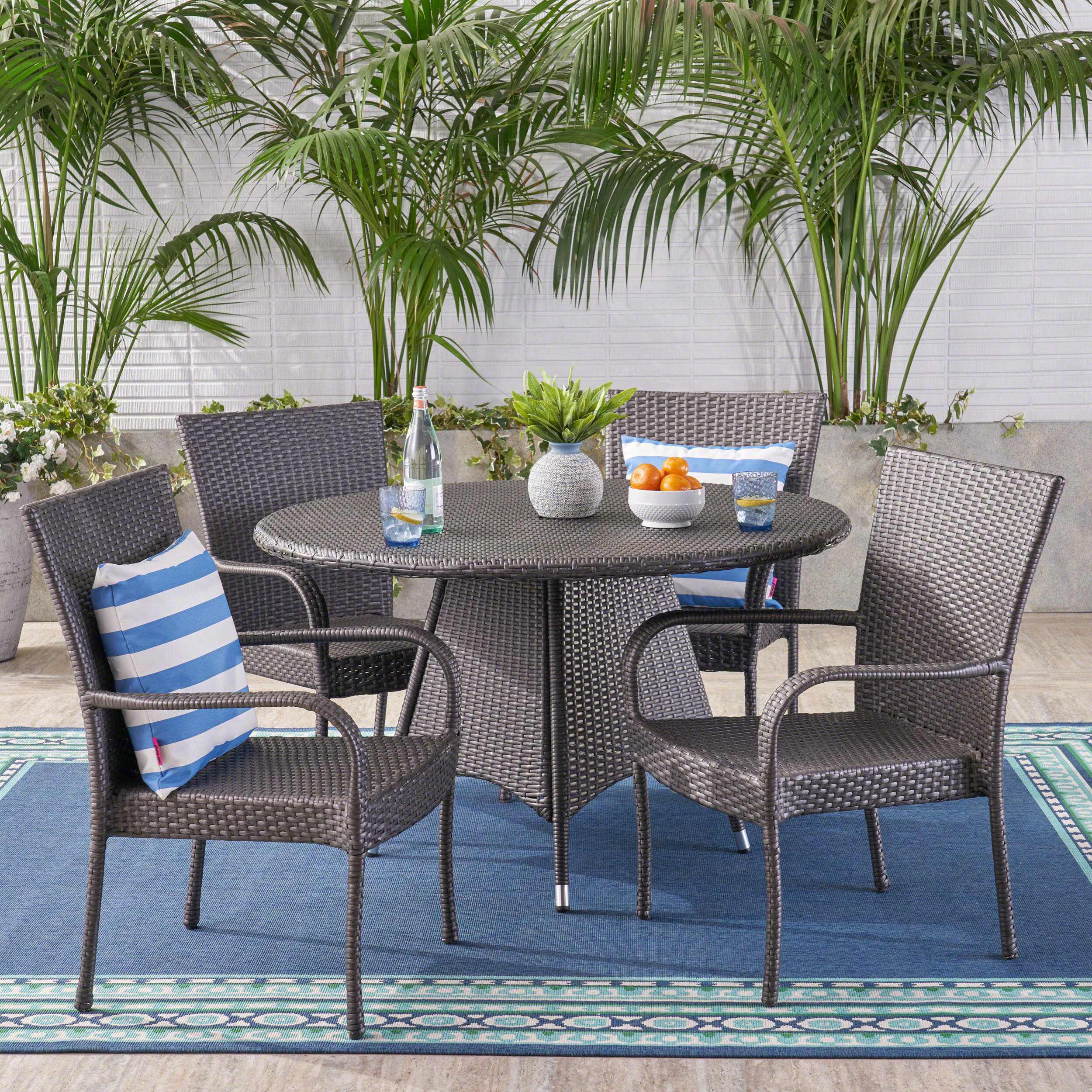 Oliver Outdoor 5 Piece Wicker Dining Set, Grey