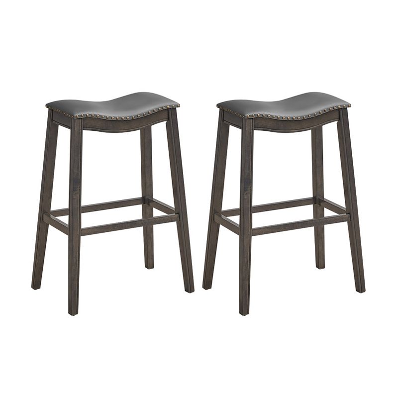 29 Inch Set of 2 Backless Wood Nailhead Barstools with PVC Leather Seat