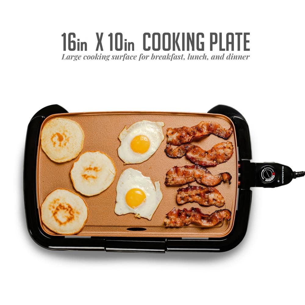 OVENTE 16 in. x 10 in. Electric Griddle Copper with Non-Stick Cast Iron Cooking Plate and Removable Drip Tray GD1610CO