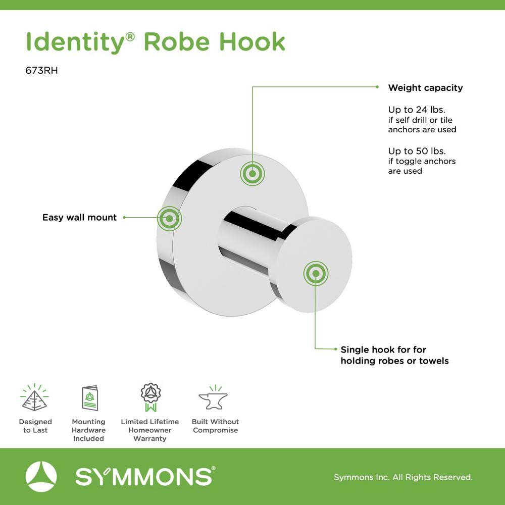 Symmons Identity Wall-Mounted Robe Hook in Polished Chrome 673RH