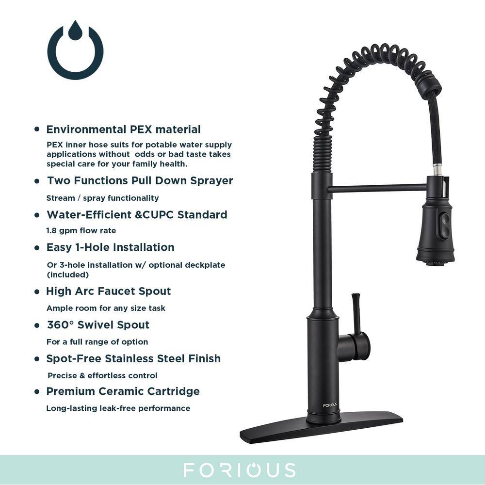 FORIOUS High Arc Kitchen Faucet with Pull Down Sprayer Commercial Spring Kitchen Sink Faucet for Black in Kitchen HH0028CB