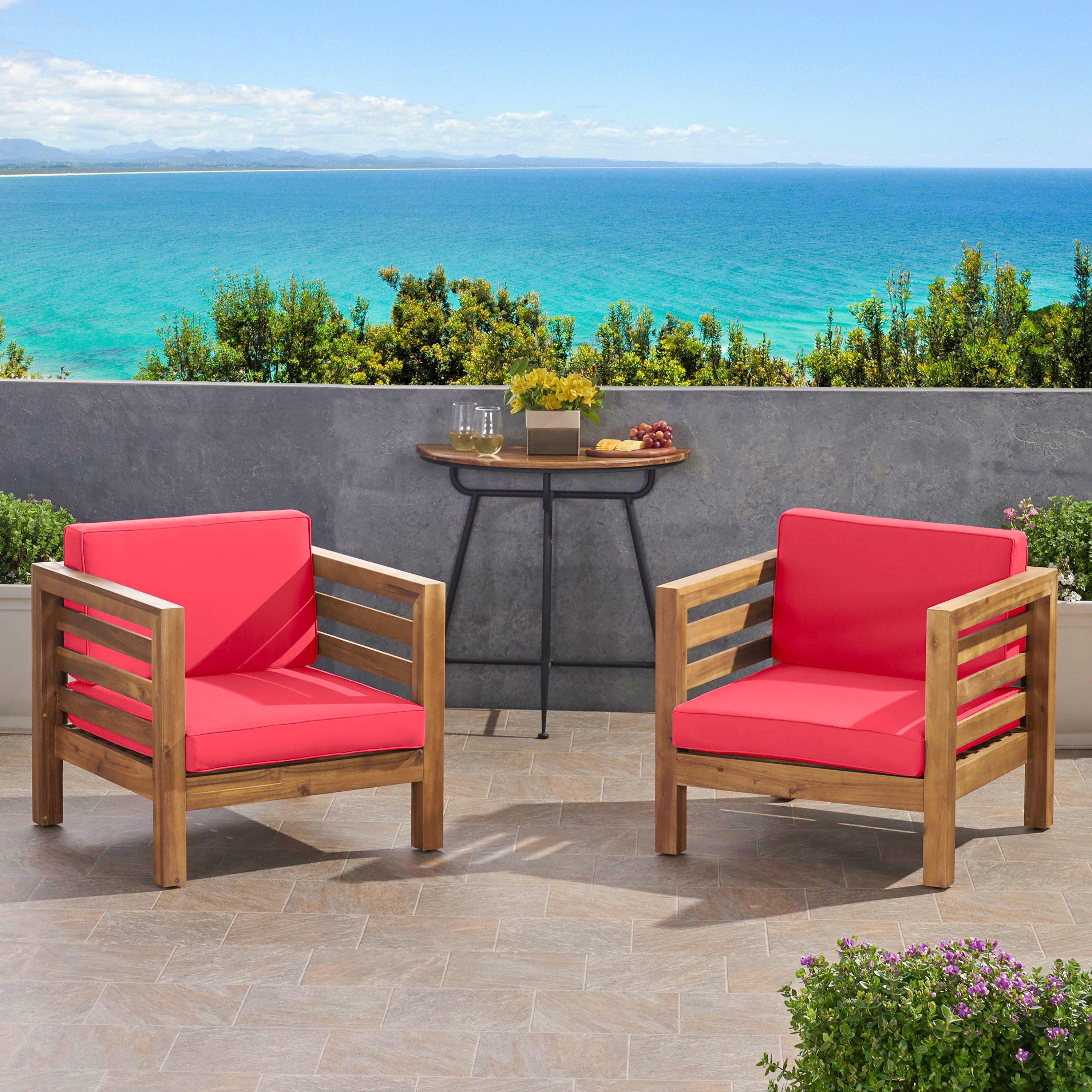 Louise Outdoor Acacia Wood Club Chairs with Cushions (Set of 2)