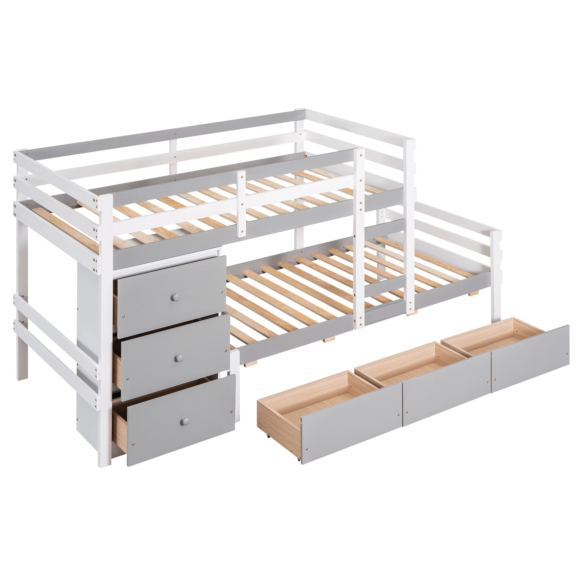 Twin over Twin Bunk Bed with Six Drawers for Kids Room, Gray