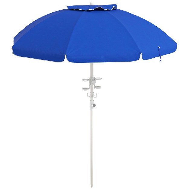 Outsunny 5 7 x27 Beach Umbrella With Cup Holders Hooks Vented Canopy Portable Outdoor Umbrella Blue