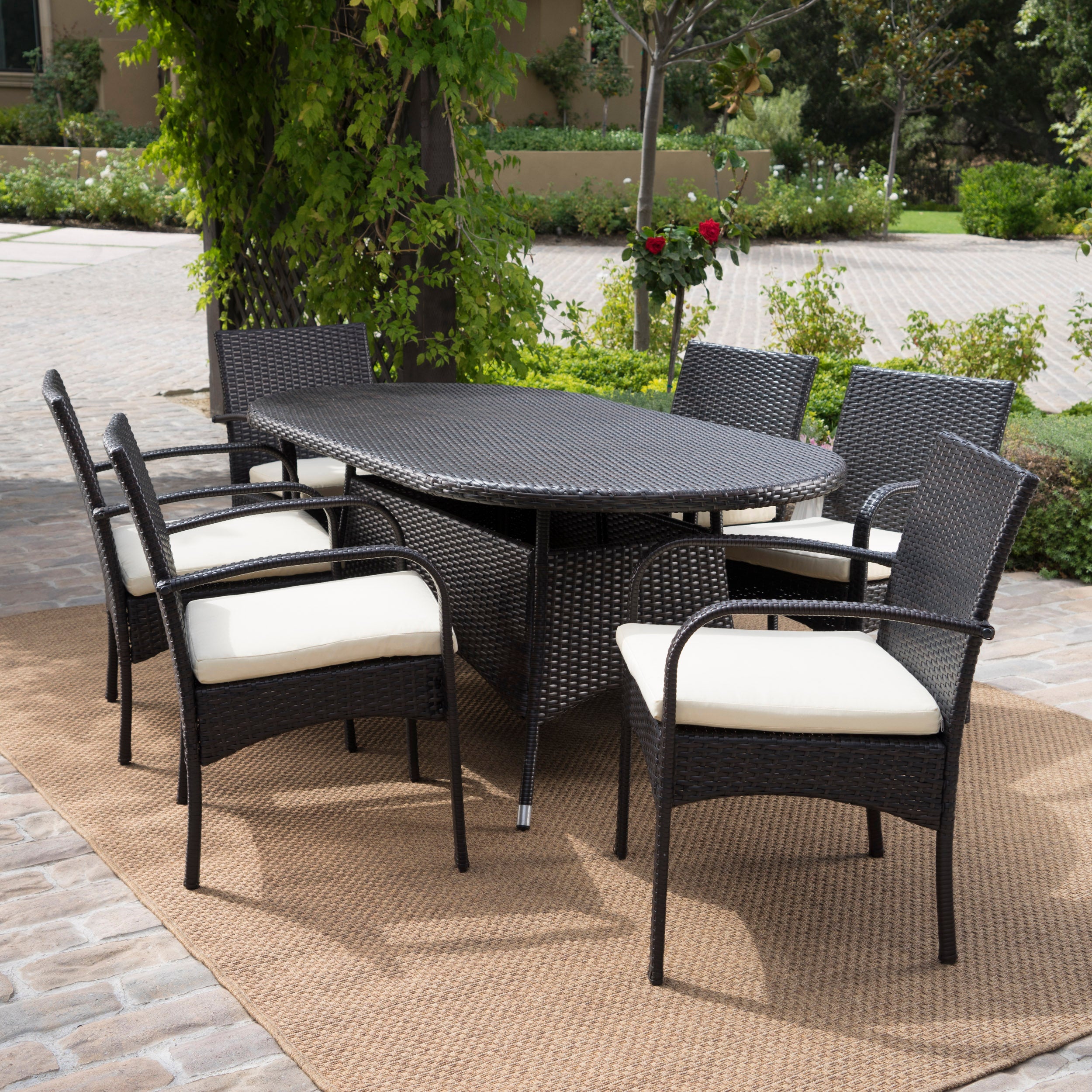 Carmela Outdoor 7pc Multibrown PE Wicker Long Dining Set