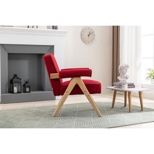 Leisure Armchairs with Solid Wood Armrest and Feet， Mid-Century Modern Accent Chair， for Livingroom Bedroom Chair， Red