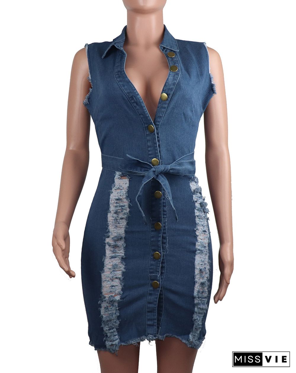 Casual High Street Women Summer Sleeveless Ripped Hole Straight Knee Length Denim Midi Dress