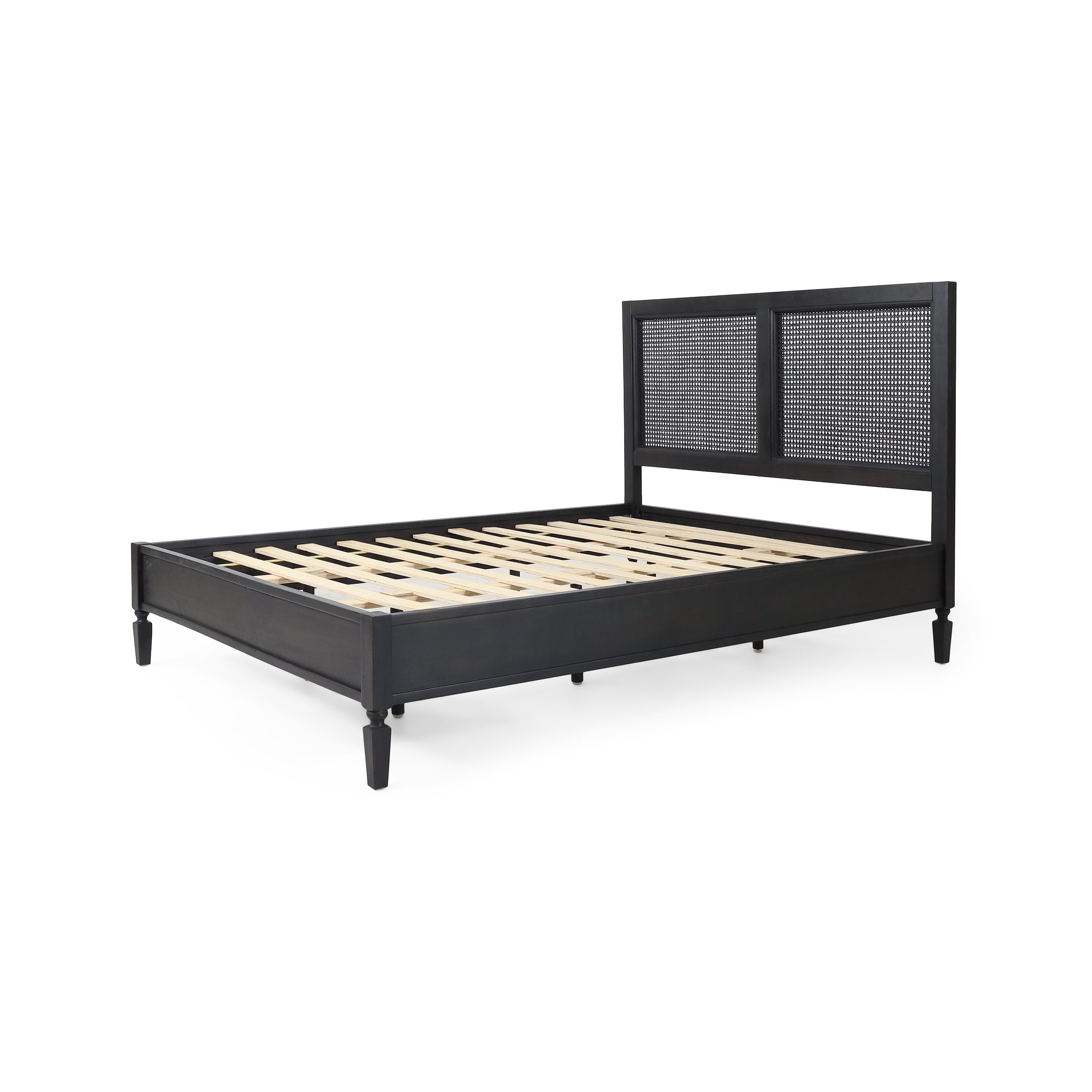 Mathena Rustic Acacia Wood and Rattan Queen Bed, Dark Gray