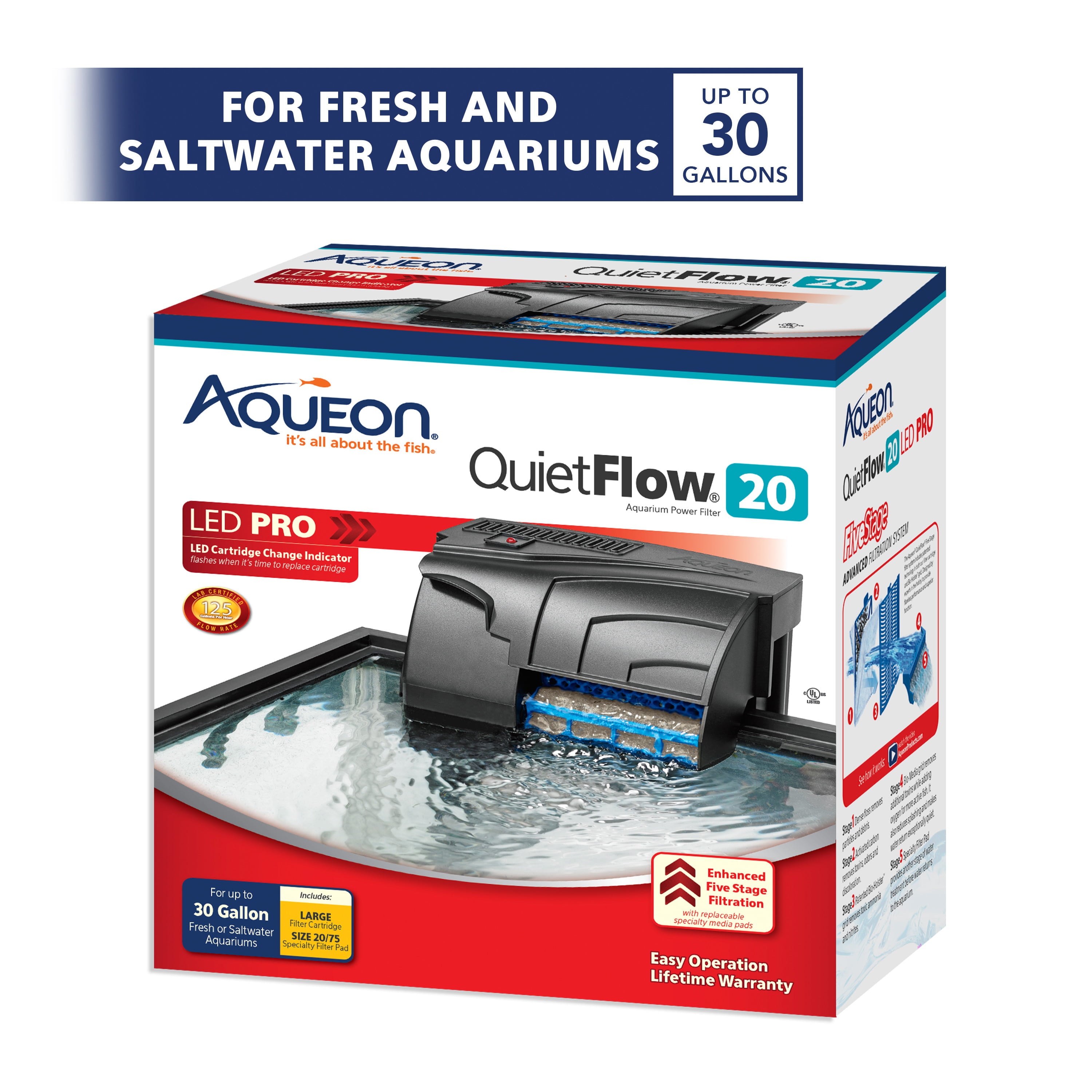 Aqueon QuietFlow LED PRO Aquarium Power Filter， Size 20