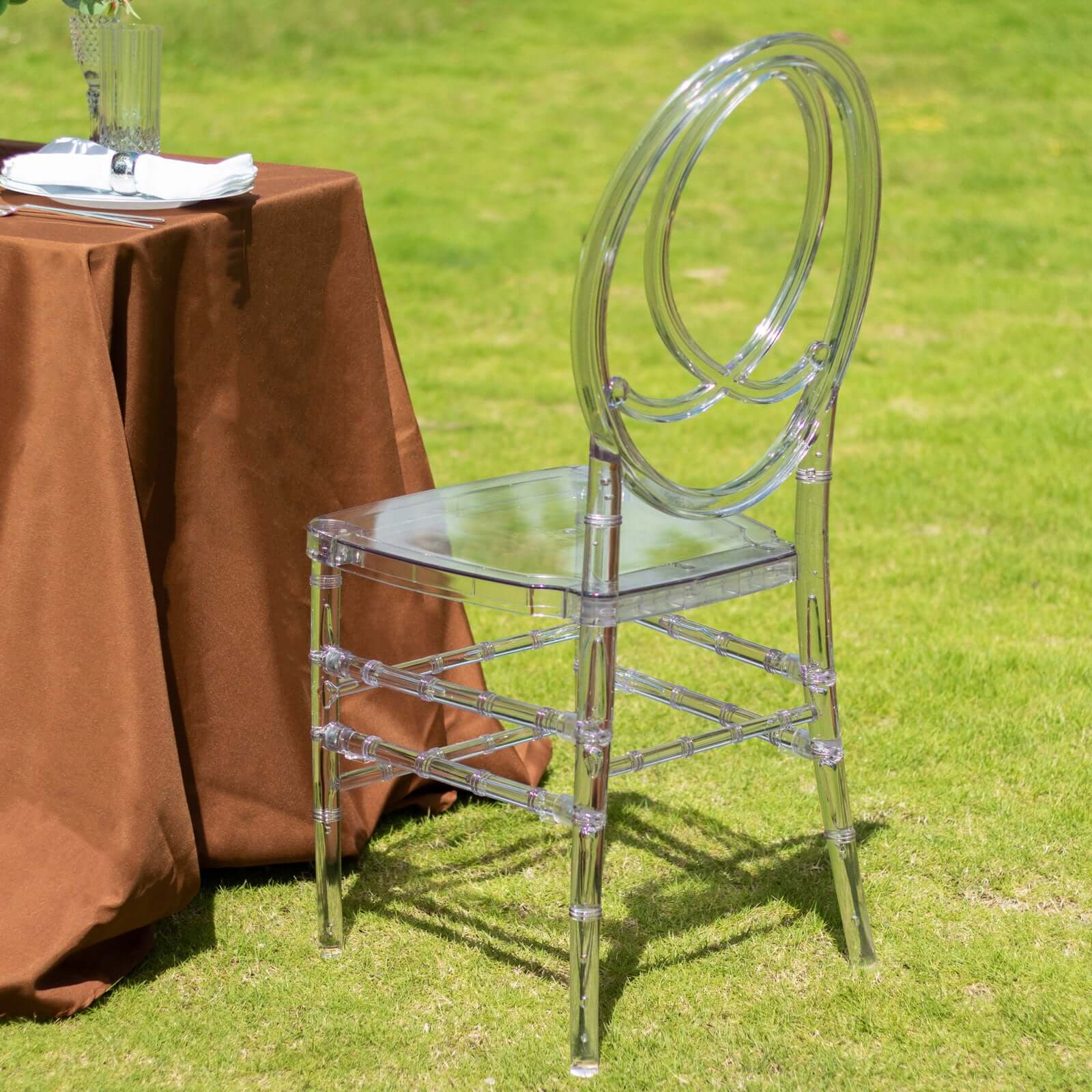 Stackable Clear Acrylic Phoenix Chiavari Ghost Chair, Transparent Resin Armless Oval Back Event Chair