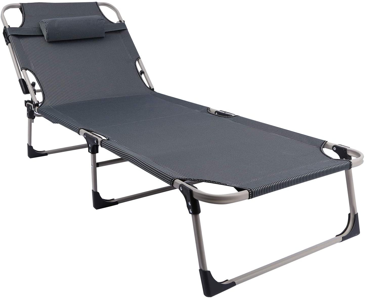 REDCAMP Folding Camping Cot for Adults, Adjustable 4-Position Reclining Folding Chaise Lounge Chair with Pillow for Camping Outdoor Beach Pool, Grey