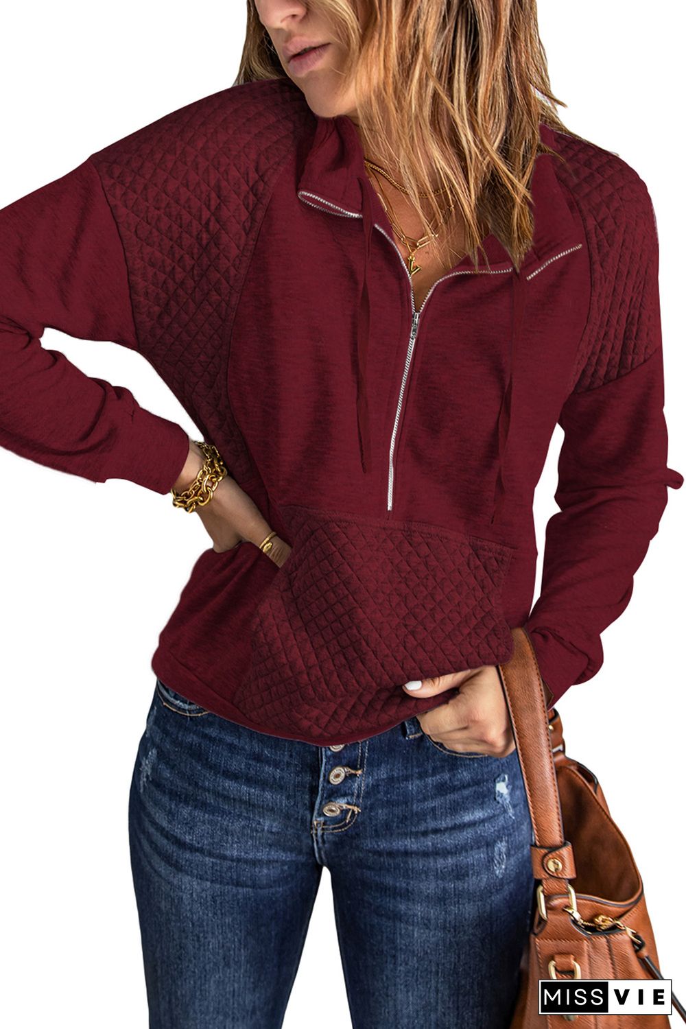 Wine Quilted Patch Half Zipper Sweatshirt