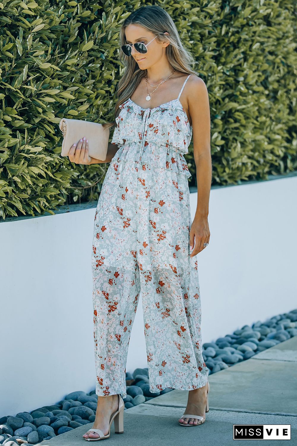 Floral Print Spaghetti Strap Ruffled Wide Leg Jumpsuit