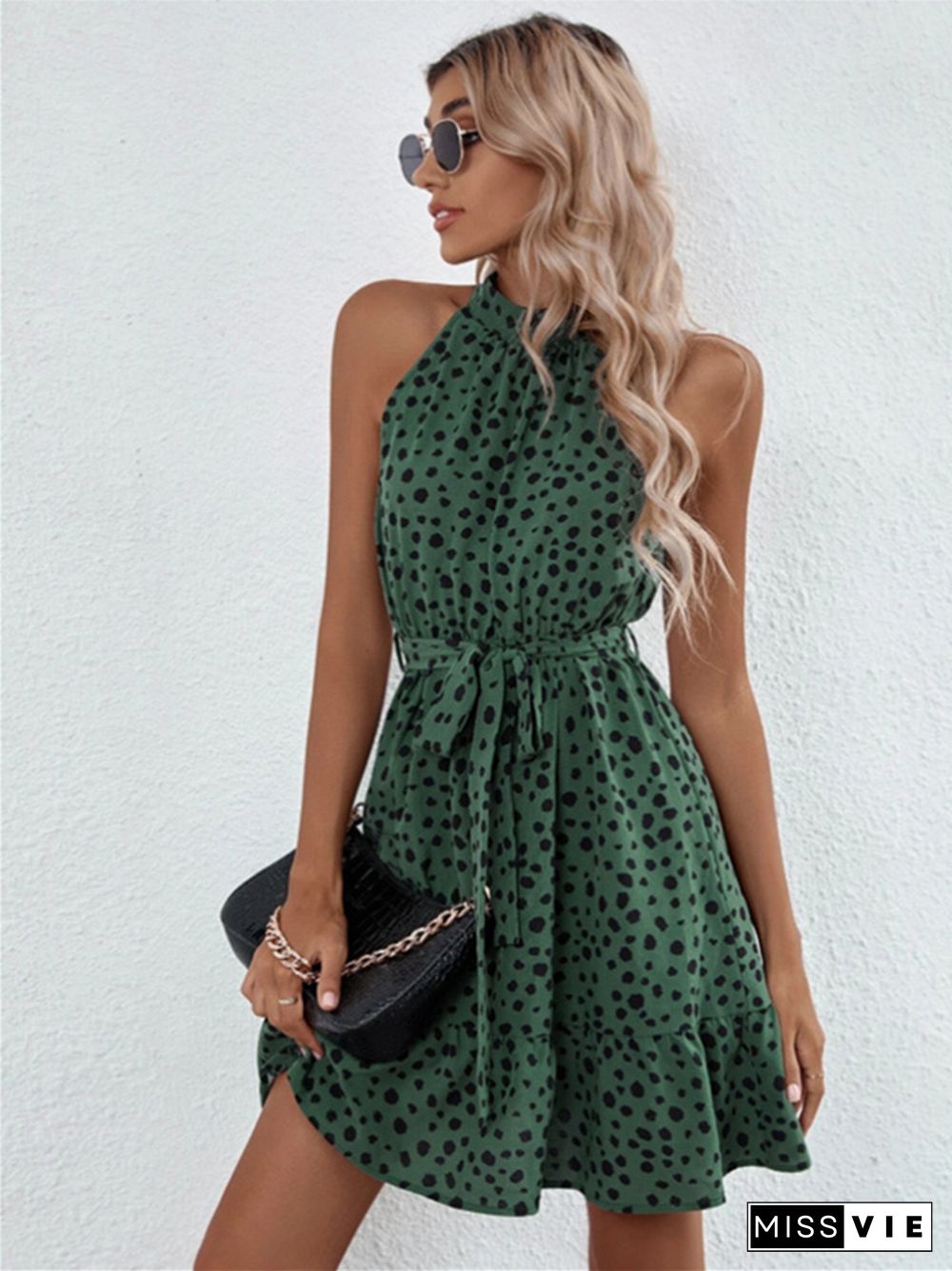 Ruffled Neck Sleeveless Strap Dress Skirt