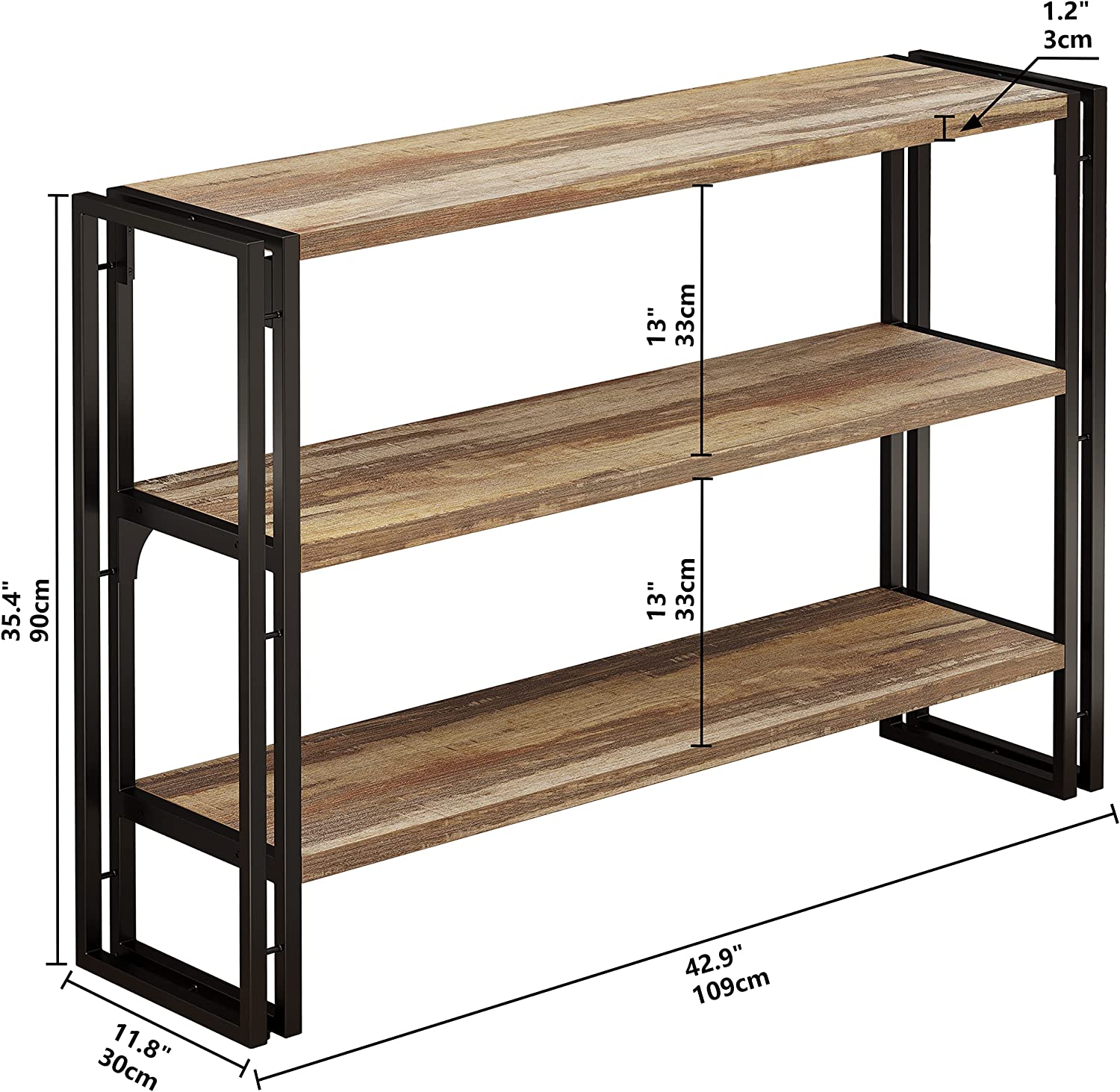 43 inch Bookshelf 3-tier Industrial Bookcase Wood Storage Shelf