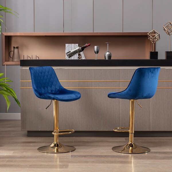 Set of 2 Bar Stools，With Chrome Footrest and Base Swivel Height Adjustable Mechanical Lifting Velvet， Golden Leg