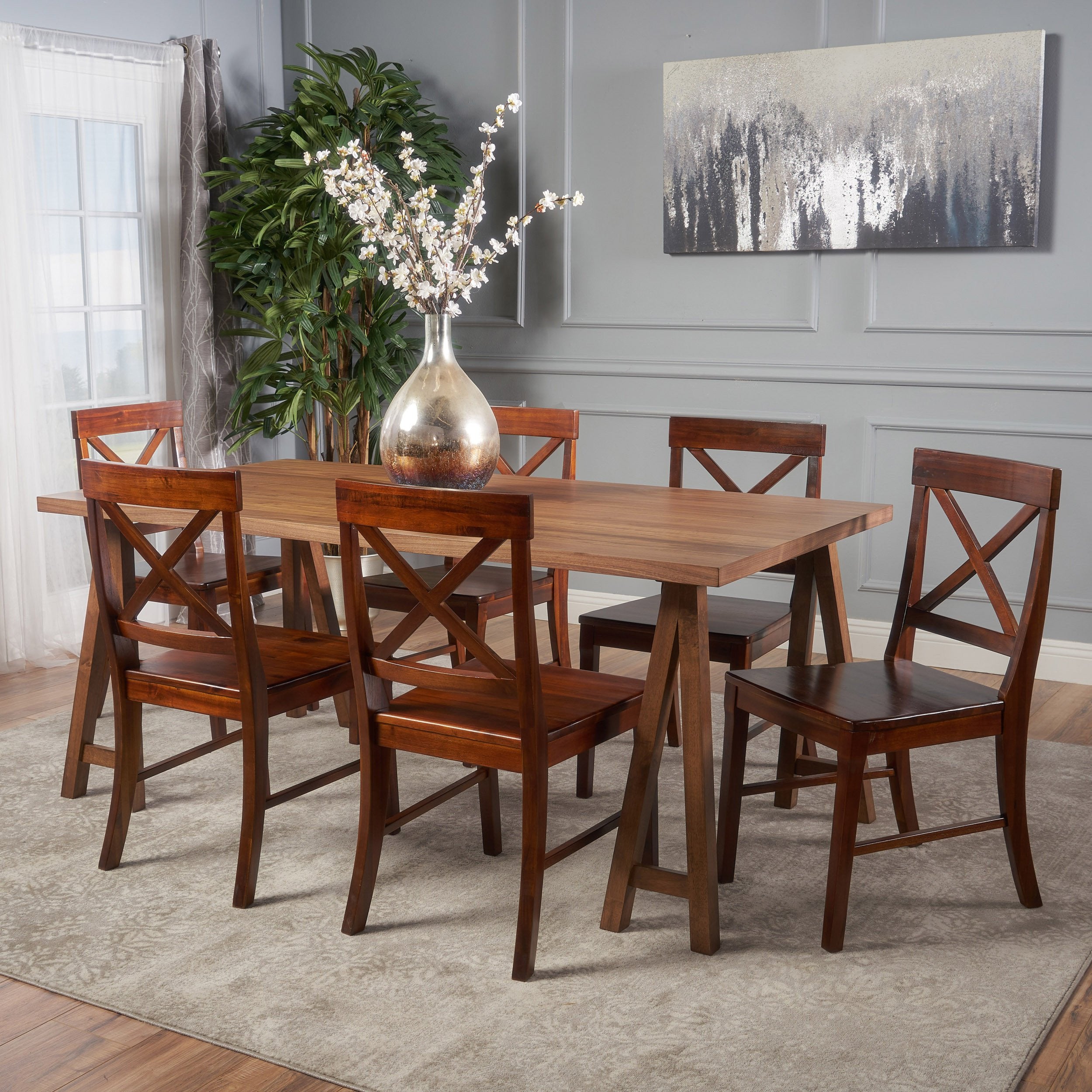 Sambora Farmhouse 7 Piece Dining Set w/ Rich Mahogany Chairs