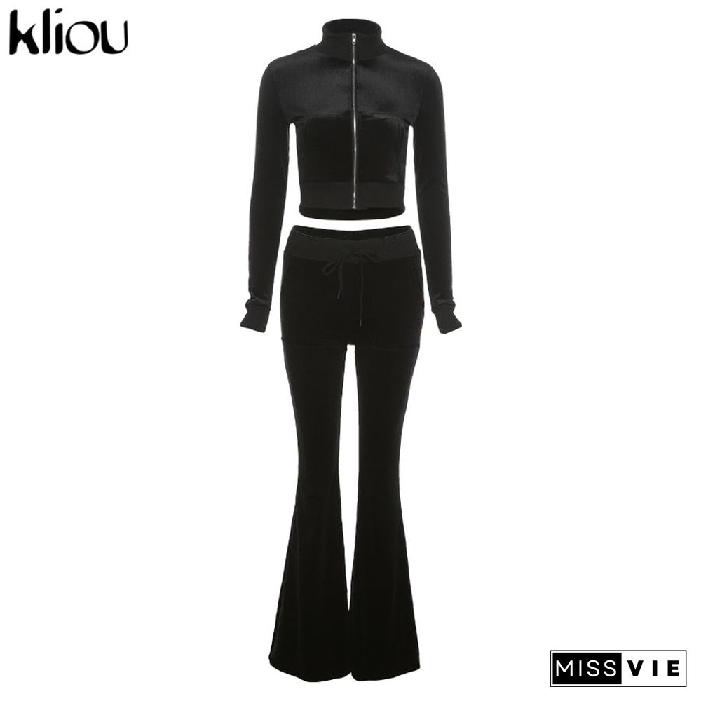 Kliou Solid Velour Two Piece Set Women Simple Casual Zipper Long Sleeve Turtleneck Top+Bandage Lace Slim Female Wide Leg Pants