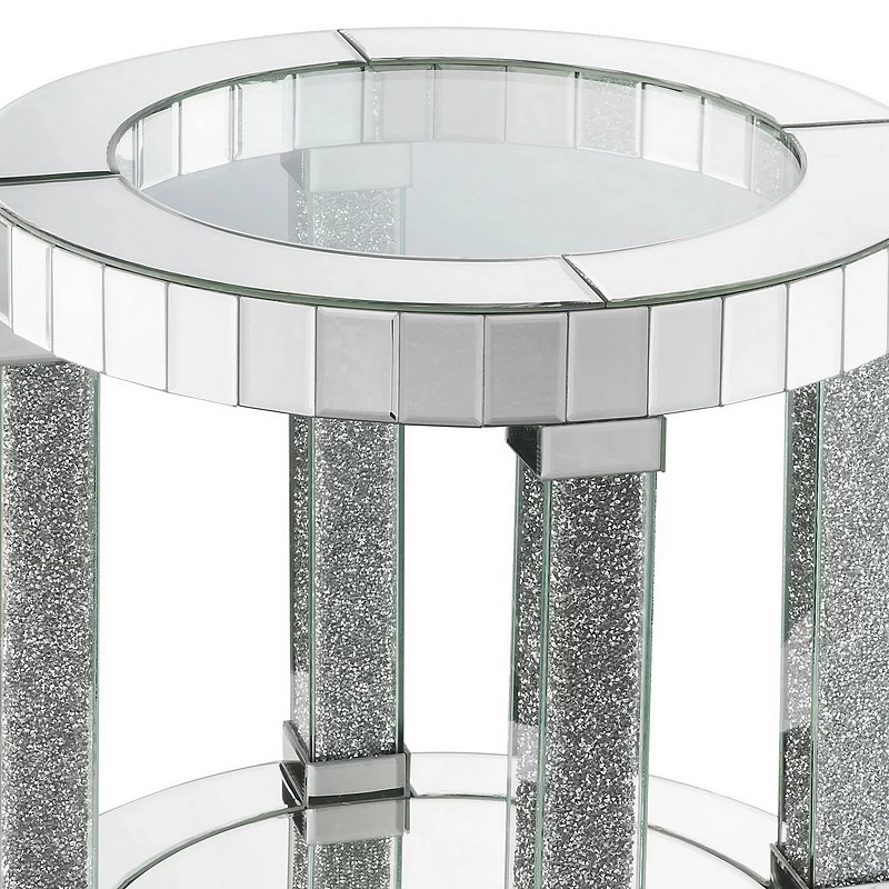 Round Mirrored Frame End Table with Faux Diamond and Bottom Shelf， Silver