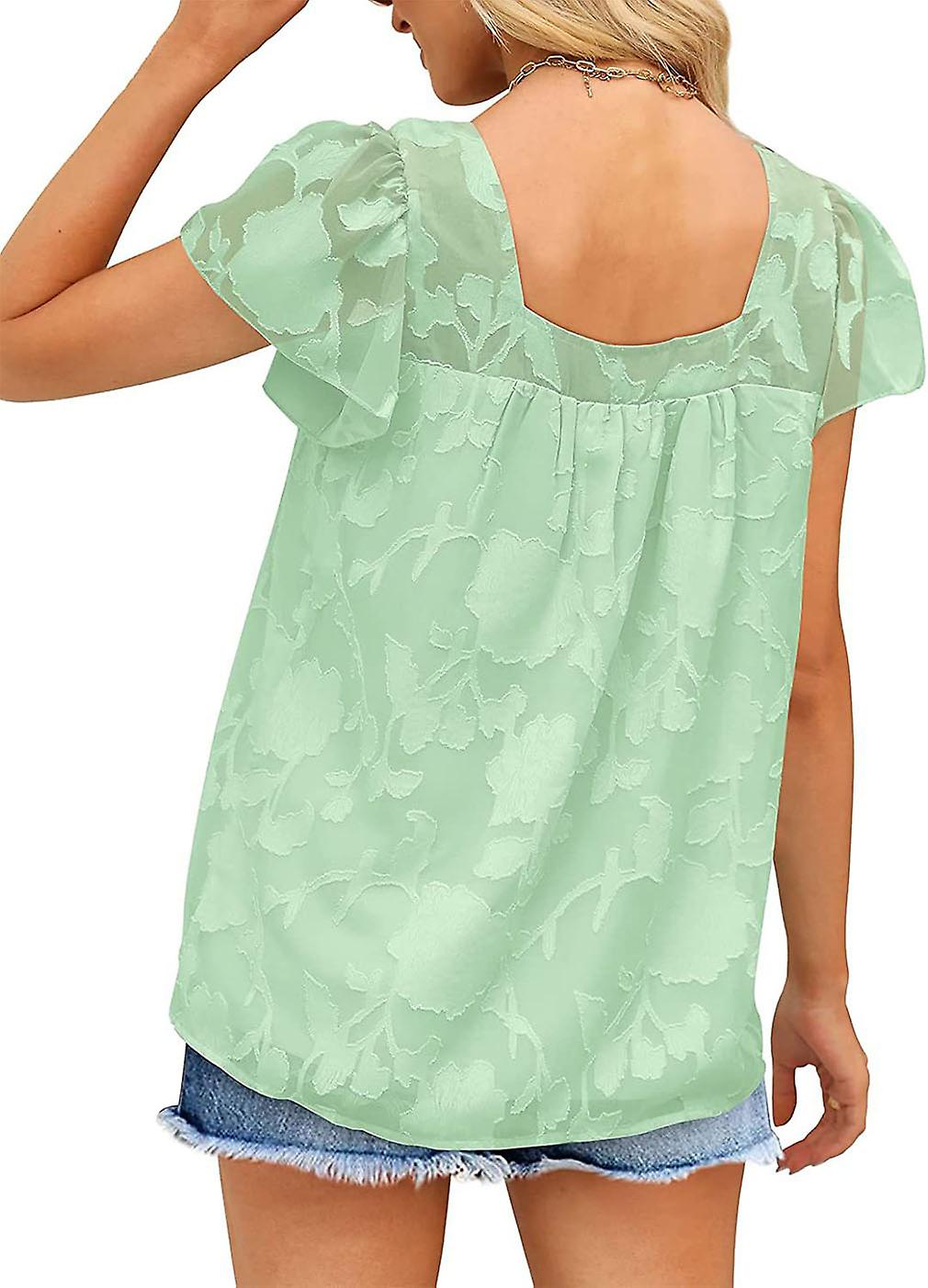 Women Short Sleeve Square Neck Summer Tops Puff Sleeve Lace Floral Flowy Ladies Chiffon Blouse