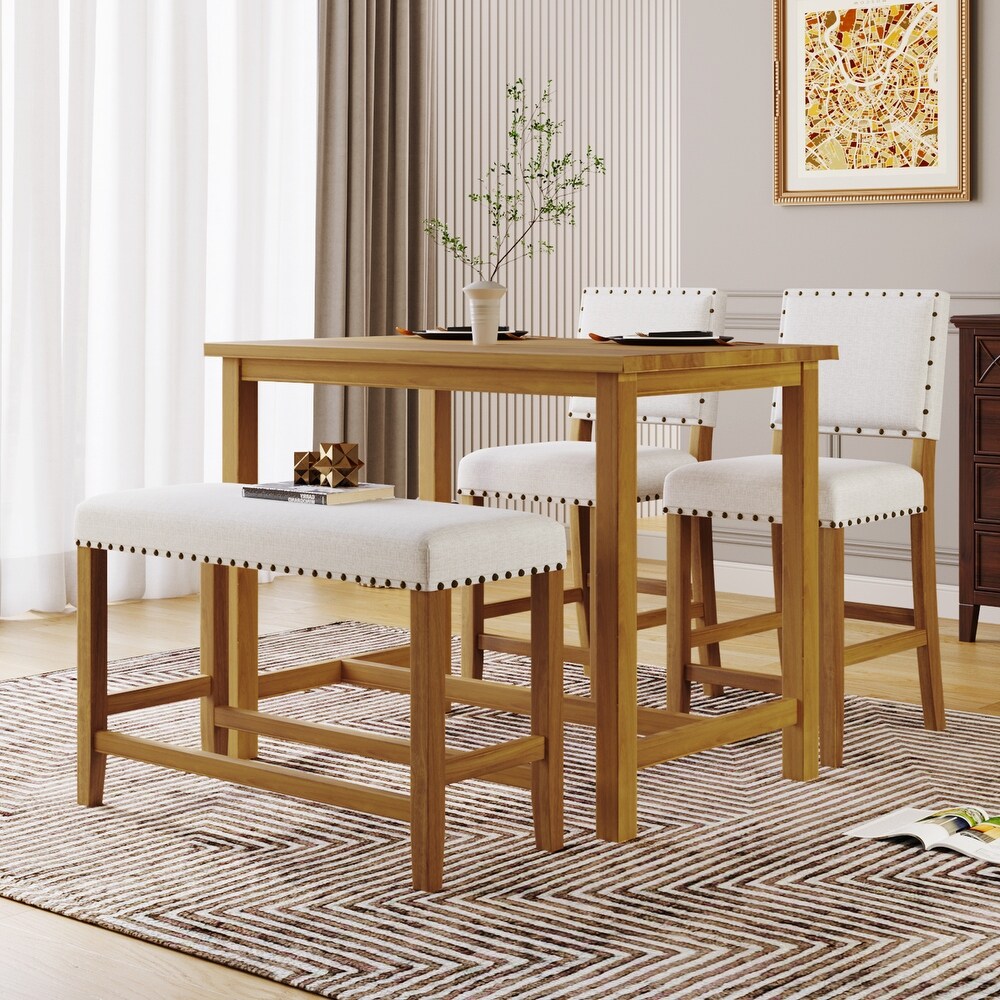 4 Piece Rustic Wooden Counter Height Dining Table Set with Upholstered Bench for Small Places