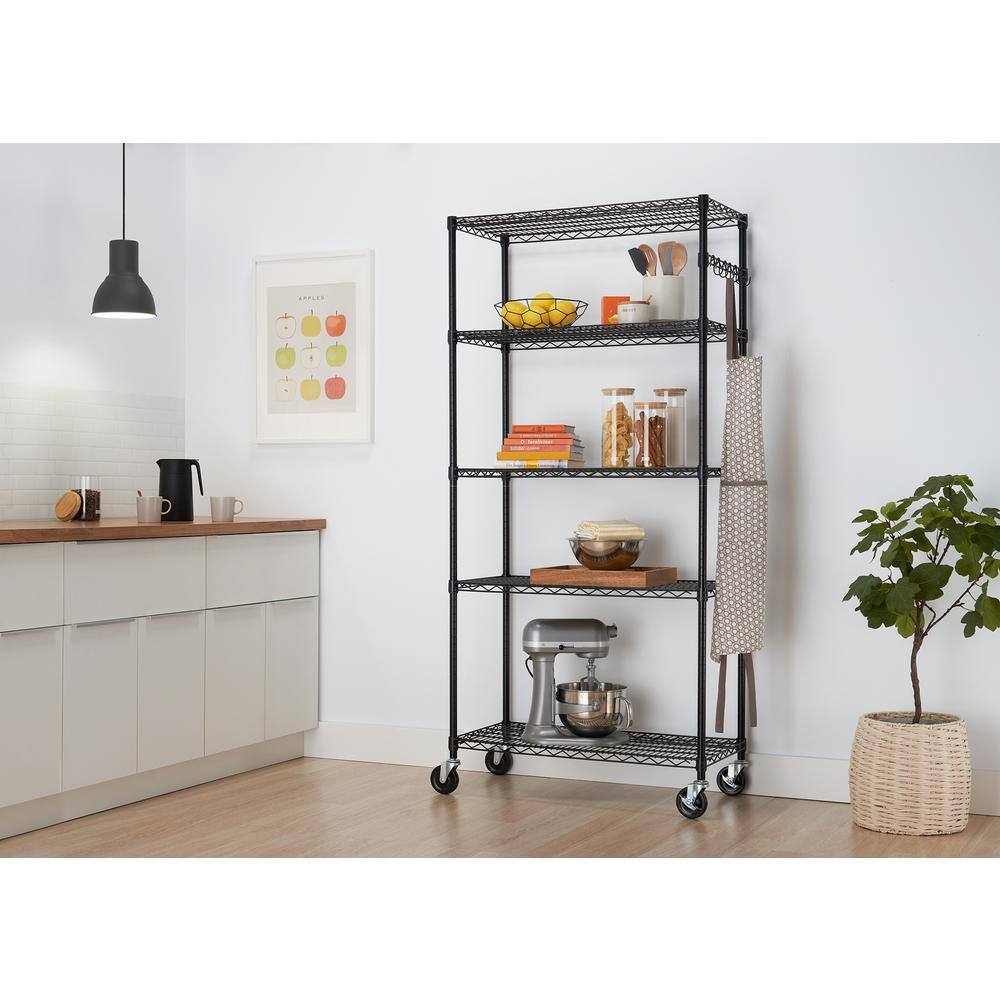 TRINITY Black 5-Tier Rolling Steel Wire Garage Storage Shelving Unit w Sidebar and Wheels ( 36 in. W x 77 in. H x 18 in. D ) TBFPBK-0906