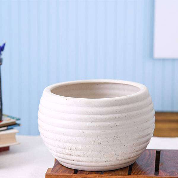 6.5 inch (17 cm) Ring Pattern Marble Finish Round Ceramic Pot (White) (set of 2)