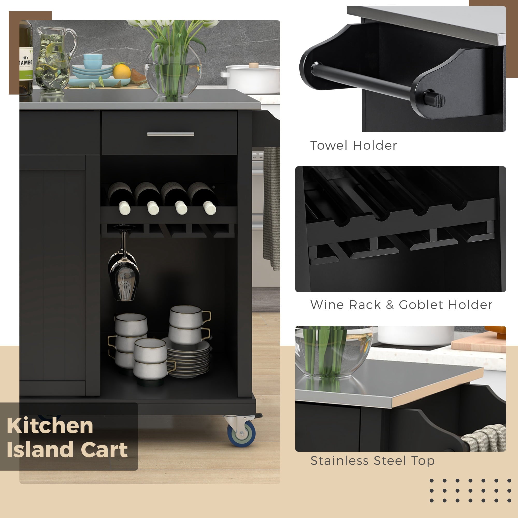 Kitchen Cart with Stainless Steel Top， Mobile Kitchen Island Cart with Spice Rack and Towel Rack， Kitchen Sideboard Buffet Cabinet with 2 Drawers and Wine Rack， Black