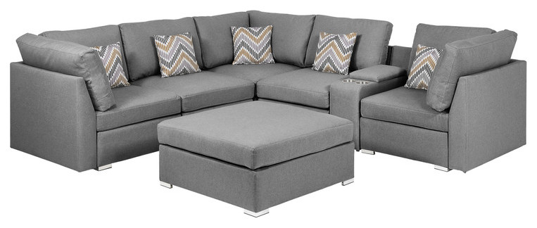 Amira Gray Fabric Reversible Sectional Sofa With Usb Console and Ottoman   Contemporary   Sectional Sofas   by Timeout PRO  Houzz